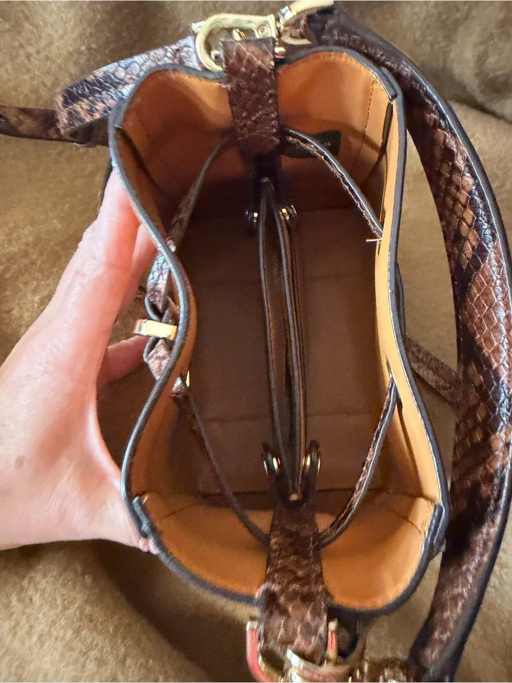 Michael Kors Tan, Cream & Brown Snake Print Mini Bucket Crossbody w/ Top Handle